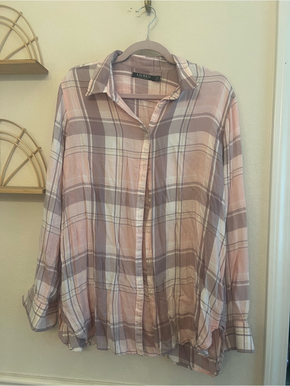 Lauren Ralph Lauren Pink Plaid Button Front Shirt XL Classic Button Down Top